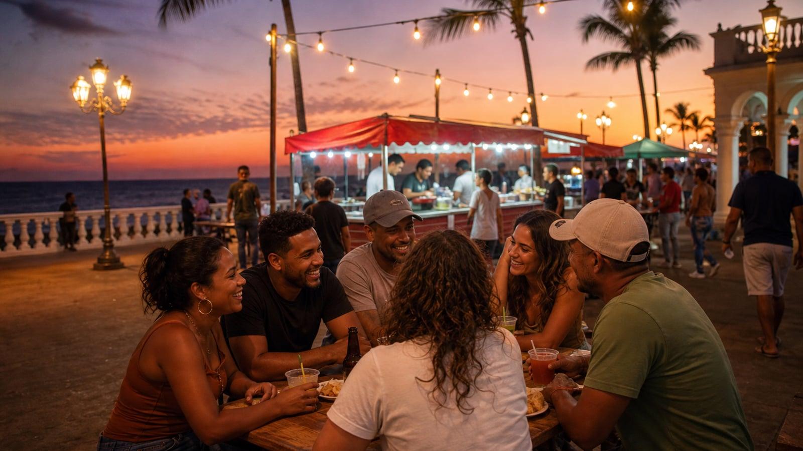 Friends gathering at a North Coast malecón kiosk at sunset